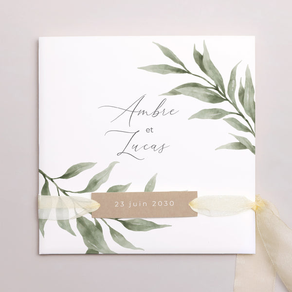 Faire-part Mariage Pochette carrée, 3 cartes, étiquette Parade végétale photo