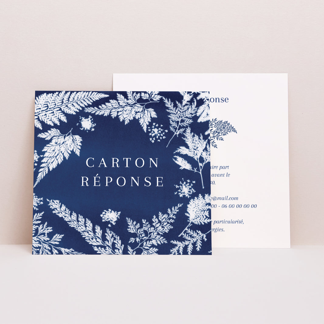 Carton réponse Mariage Carré cyanotype photo N° 1