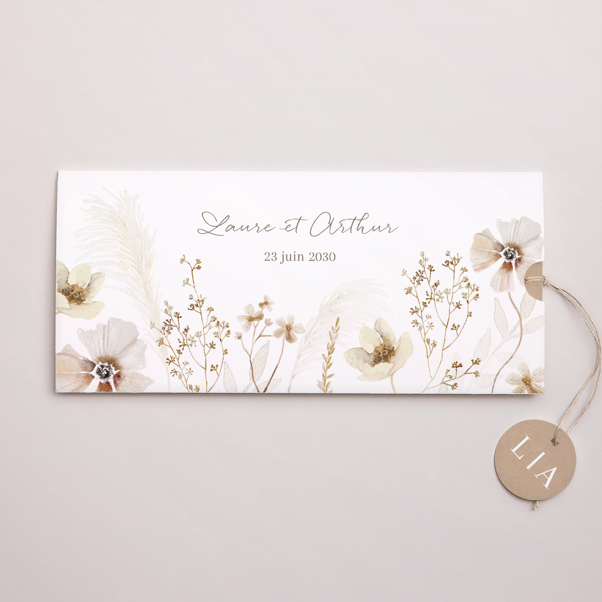 Faire-part Mariage Pochette 2 cartes, étiquette Camélise photo