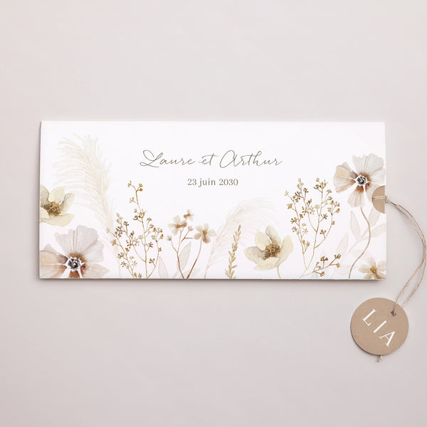Faire-part Mariage Pochette 2 cartes, étiquette Camélise photo