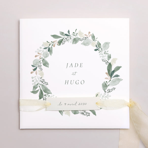 Faire-part Mariage Pochette carrée, 3 cartes, étiquette Couronne végétale photo
