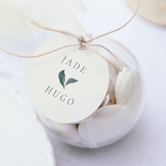 Boîte à dragées Mariage boule avec étiquette ronde Couronne végétale photo