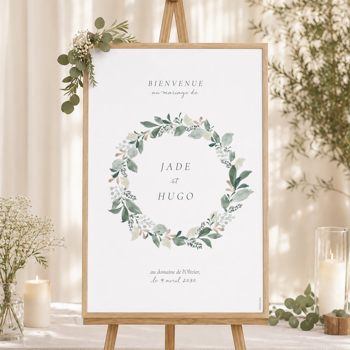 Panneau bienvenue Mariage Portrait 60 x 90 cm Couronne végétale photo N° 1