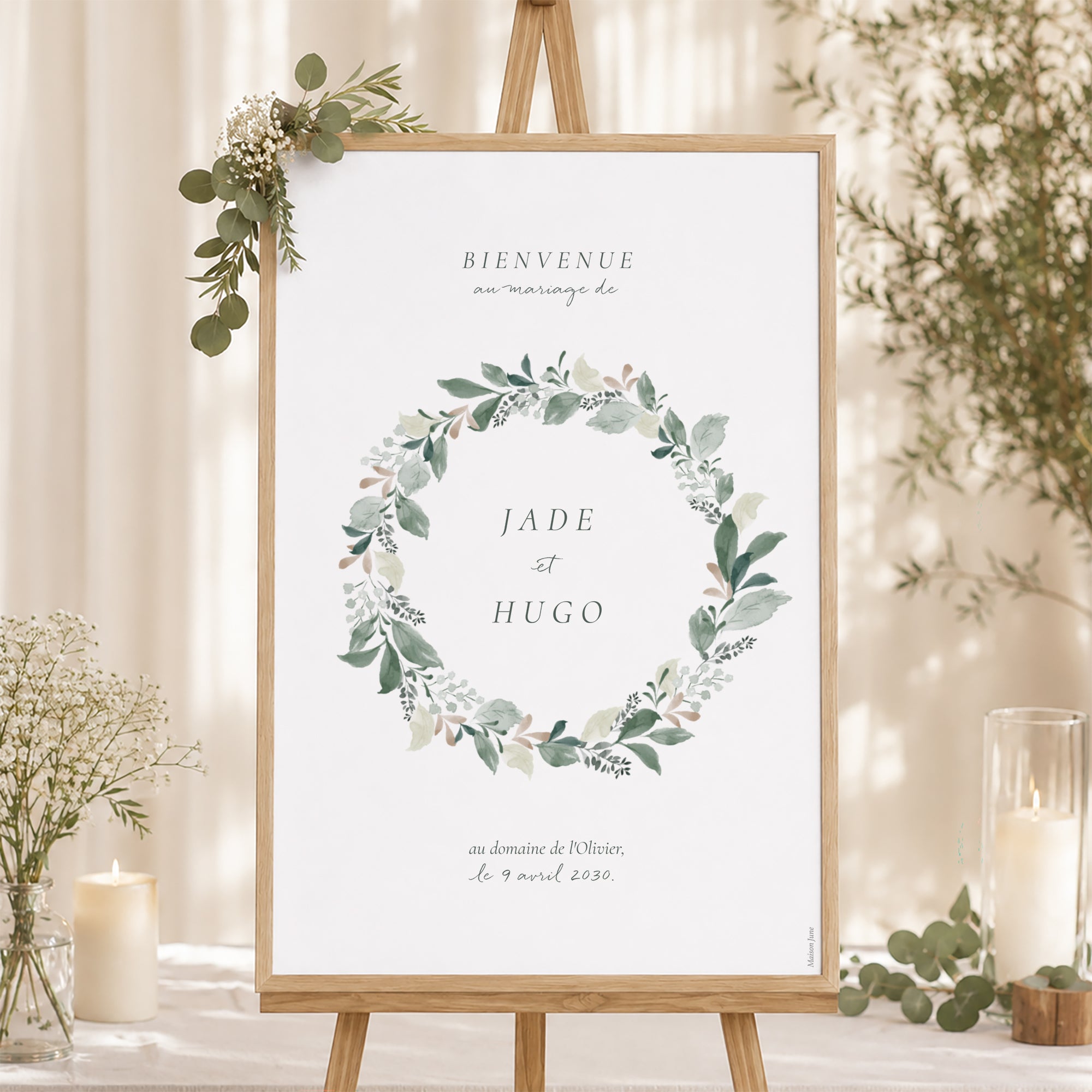 Panneau bienvenue Mariage Portrait 60 x 90 cm Couronne végétale photo N° 1