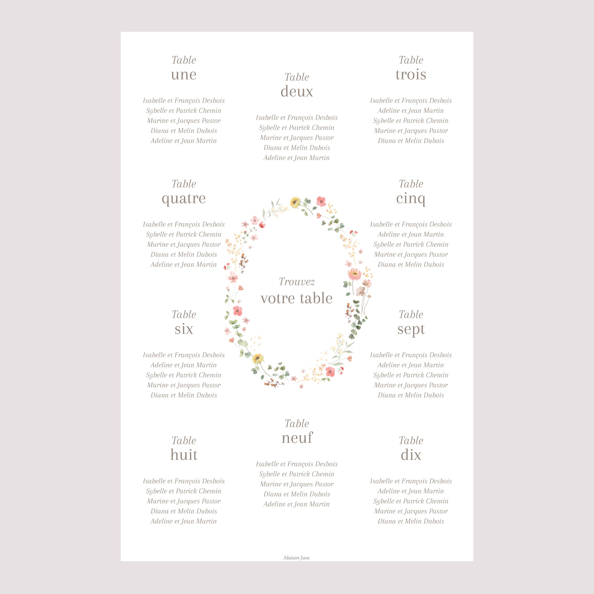 Plan de table Mariage Portrait Fleurs d'été photo N° 2