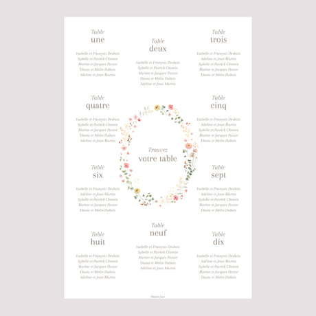 Plan de table Mariage Portrait Fleurs d'été
