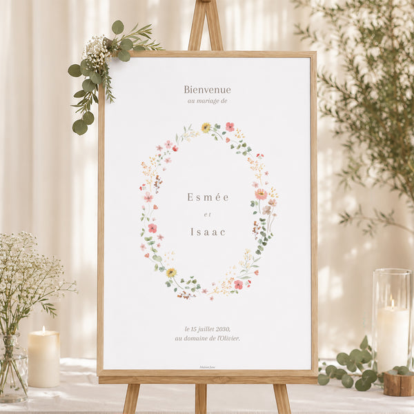 Panneau bienvenue Mariage Portrait 60 x 90 cm Fleurs d'été photo