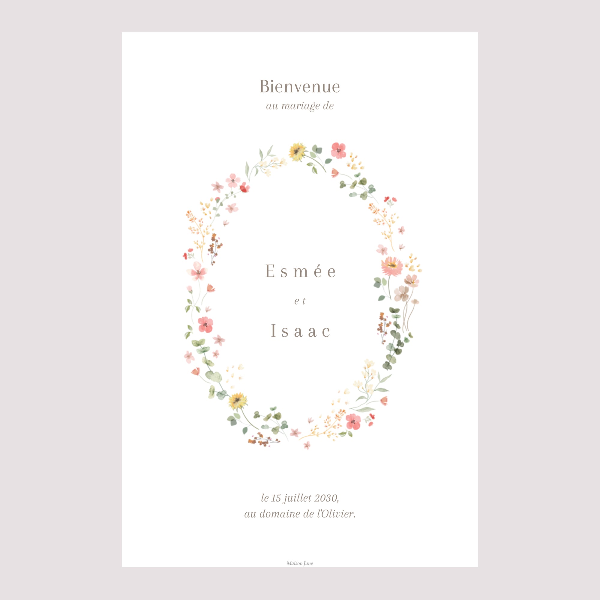 Panneau bienvenue Mariage Portrait 60 x 90 cm Fleurs d'été photo N° 2
