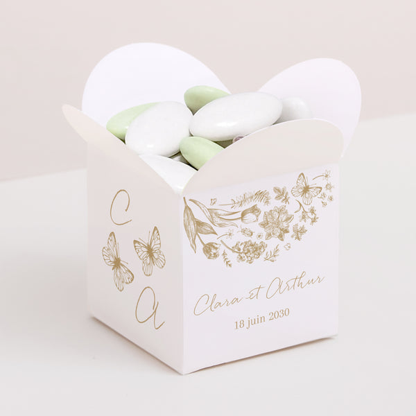 Boîte à dragées Mariage Ouverture papillon Herbier doré photo
