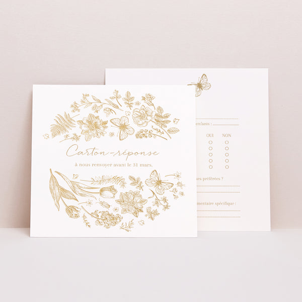 Carton réponse Mariage Carré Herbier doré photo