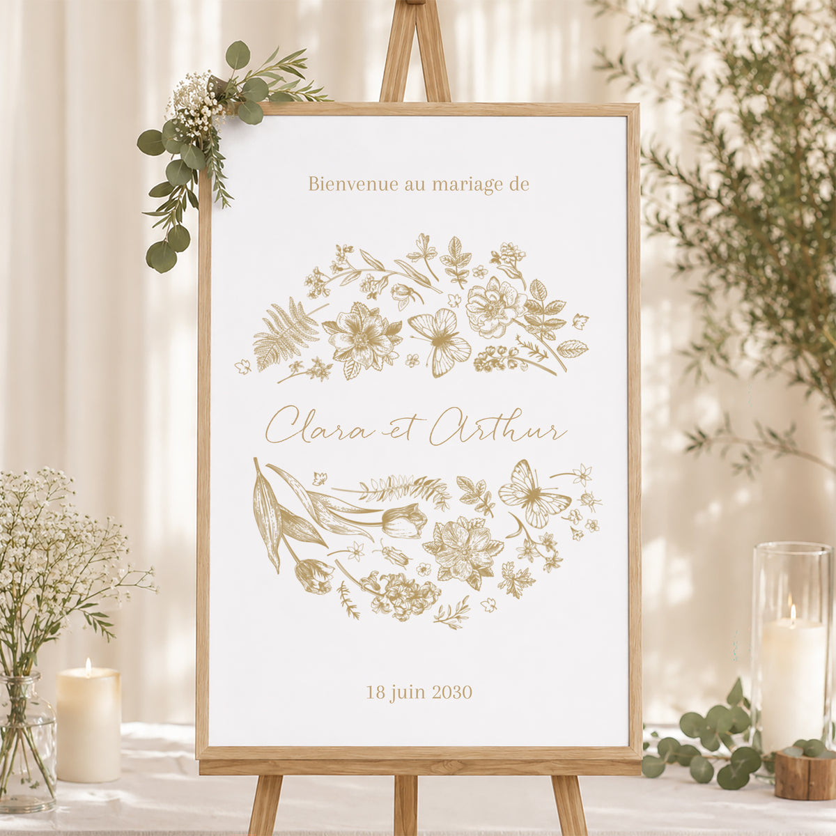 Panneau bienvenue Mariage Portrait 60 x 90 cm Herbier doré photo N° 1