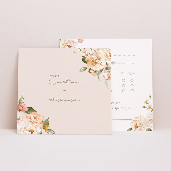 Carton réponse Mariage Carré Fleurs pêche photo