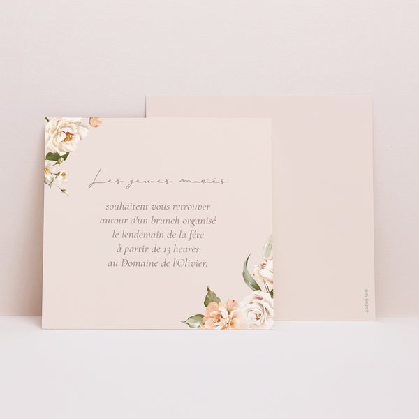 Invitations Mariage Carré Fleurs pêche photo
