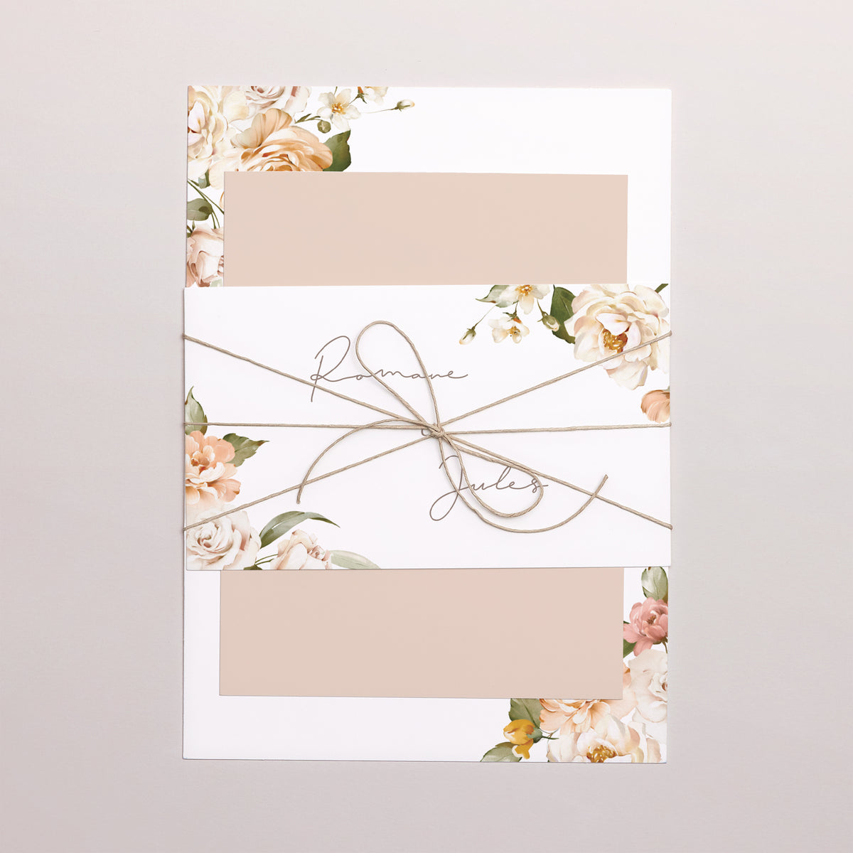 Faire-part Mariage 3 cartes, ruban Fleurs pêche photo