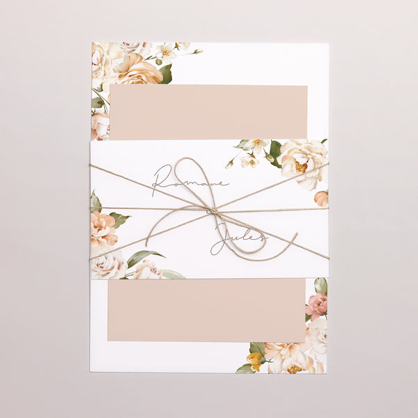 Faire-part Mariage 3 cartes, ruban Fleurs pêche photo