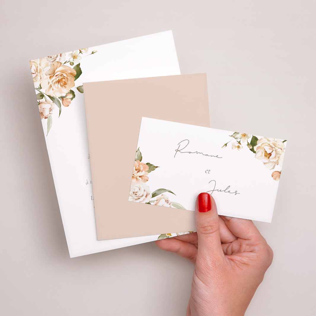 Faire-part Mariage 3 cartes, ruban Fleurs pêche photo N° 3