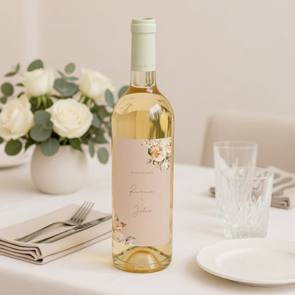 Etiquette bouteille Mariage Portrait Fleurs pêche photo N° 2