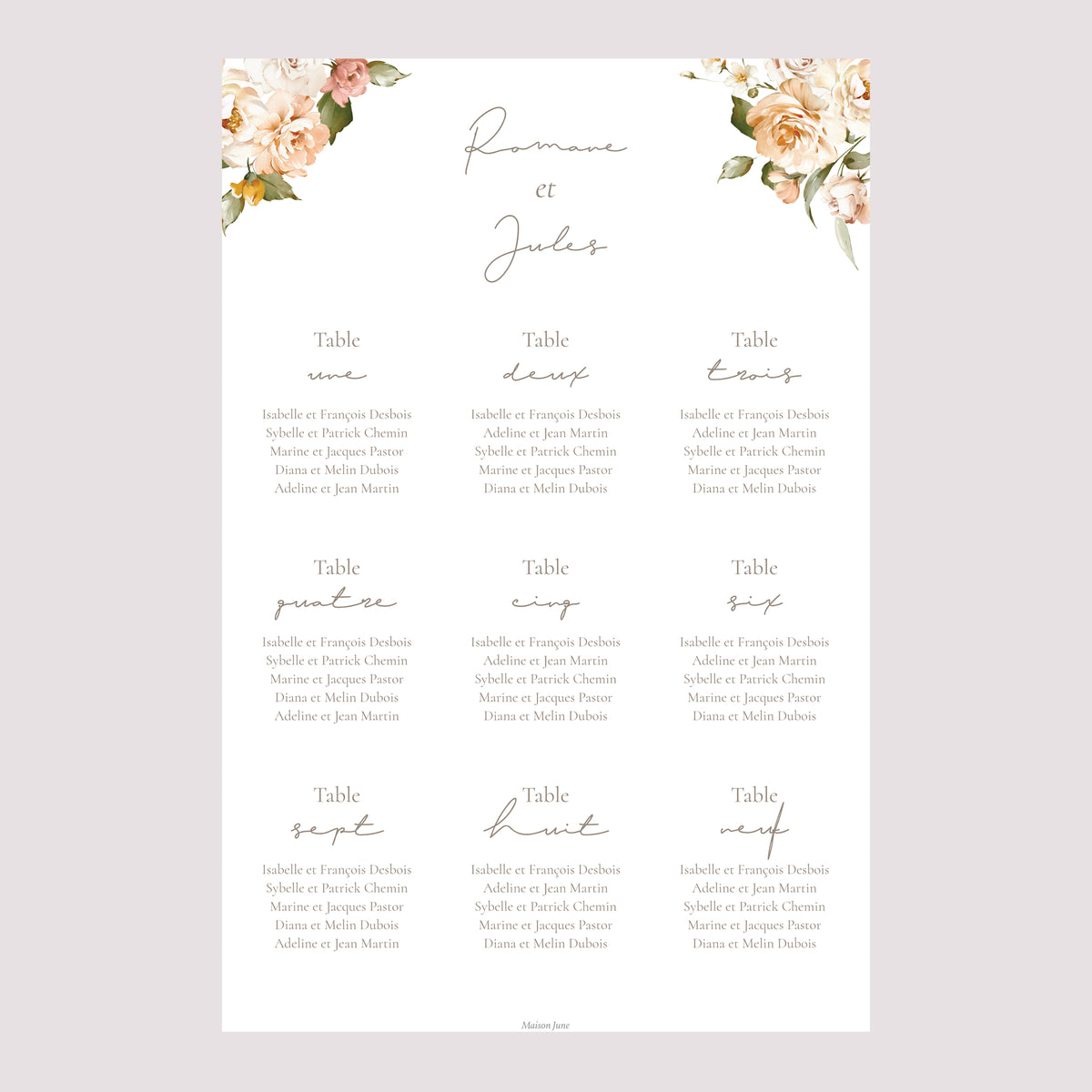 Plan de table Mariage Portrait Fleurs pêche photo N° 2