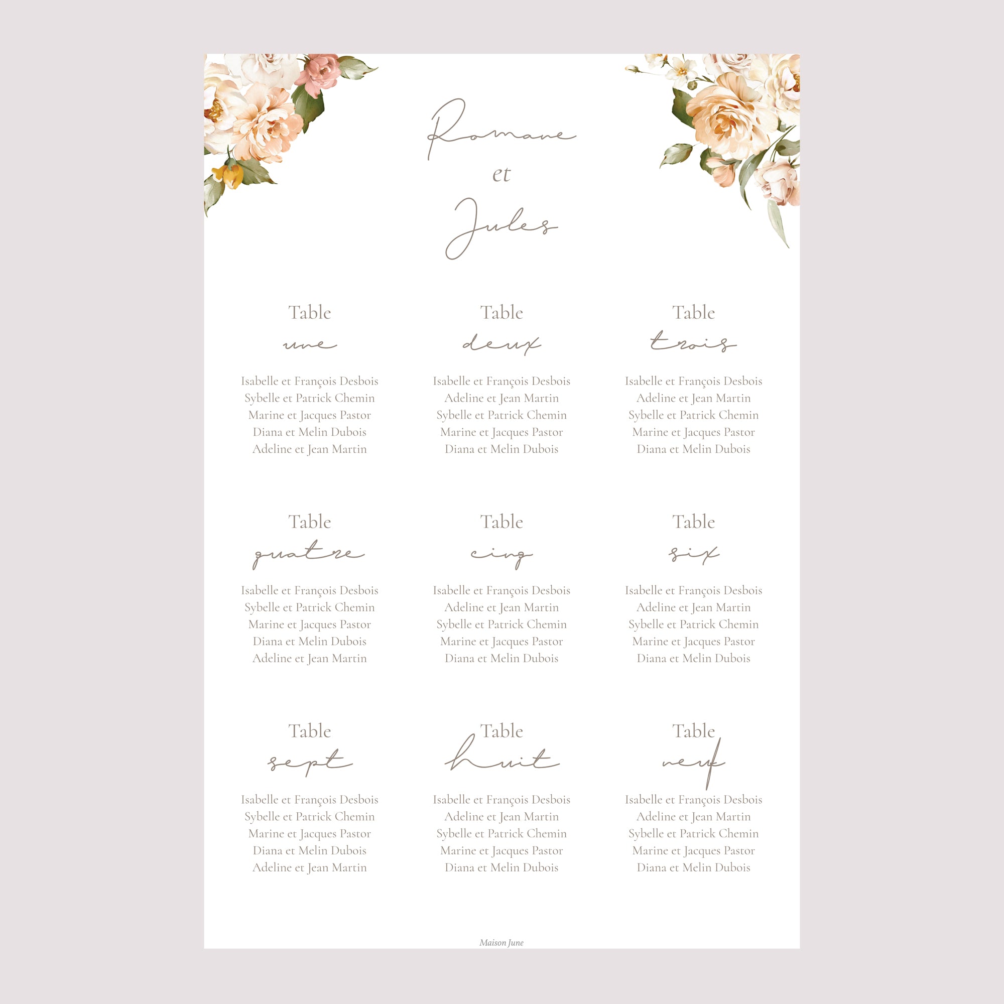 Plan de table Mariage Portrait Fleurs pêche photo N° 2