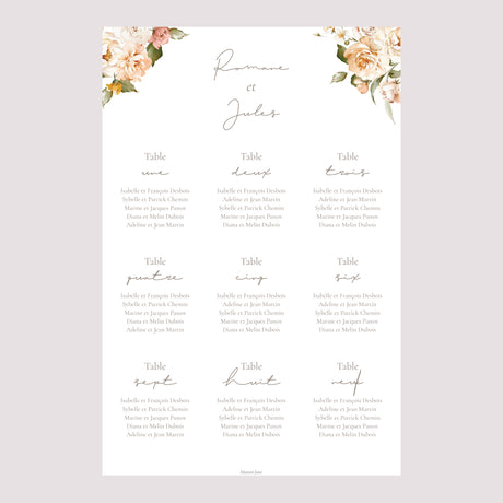Plan de table Mariage Portrait Fleurs pêche