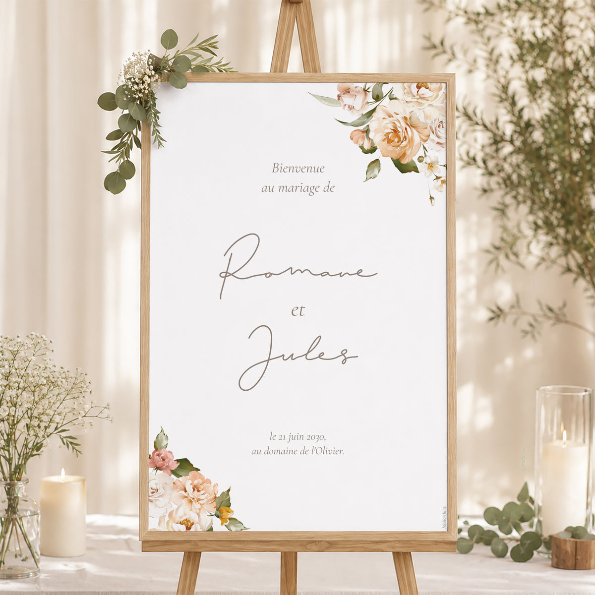 Panneau bienvenue Mariage Portrait 60 x 90 cm Fleurs pêche photo N° 1