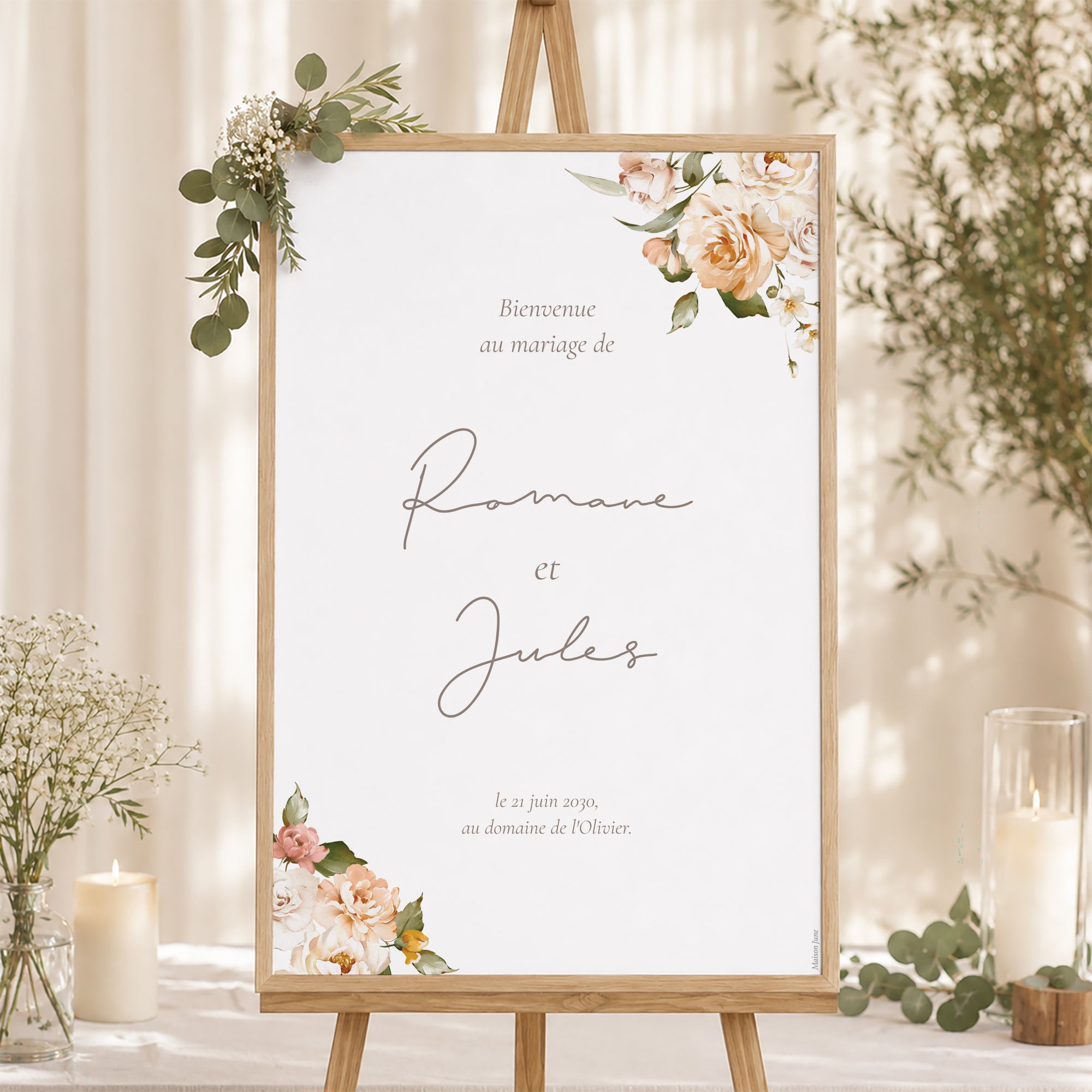 Panneau bienvenue Mariage Portrait 60 x 90 cm Fleurs pêche photo N° 1