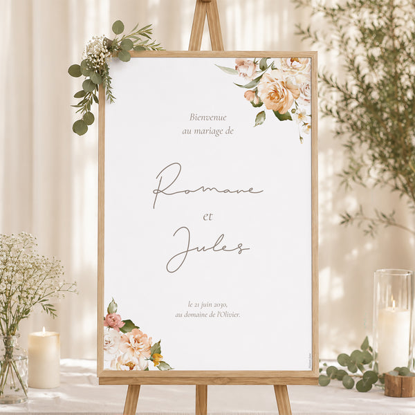 Panneau bienvenue Mariage Portrait 60 x 90 cm Fleurs pêche photo