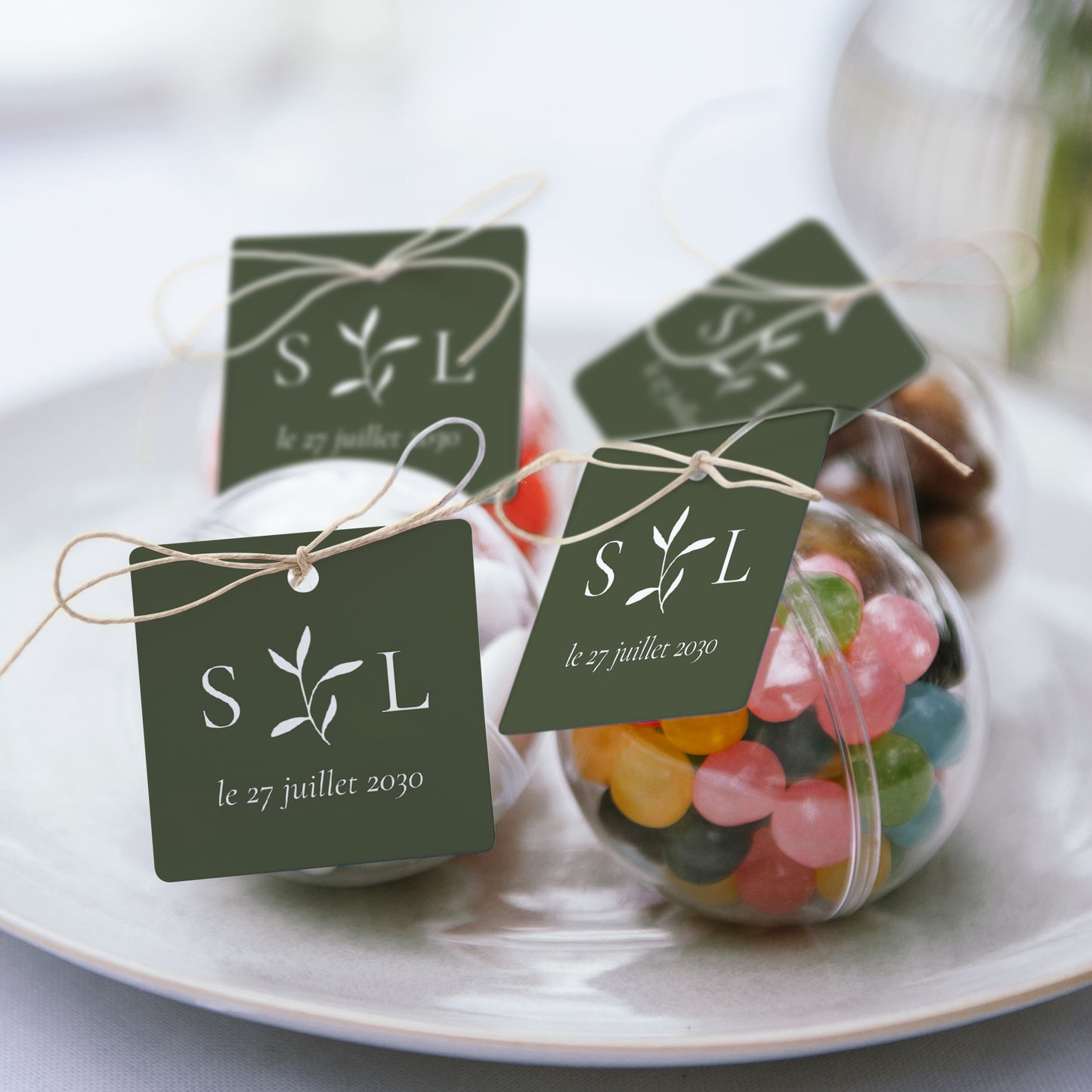 Boîte à dragées Mariage boule avec étiquette carrée Brin romantique III photo N° 2