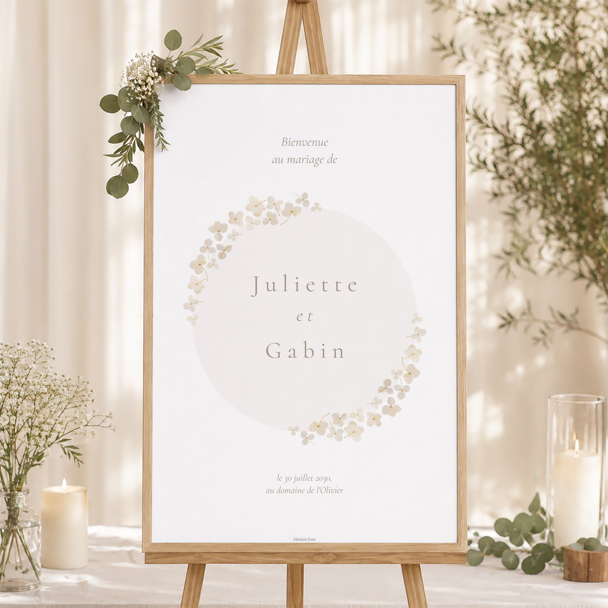 Panneau bienvenue Mariage Portrait 60 x 90 cm Fleurs séchées blanches photo N° 1