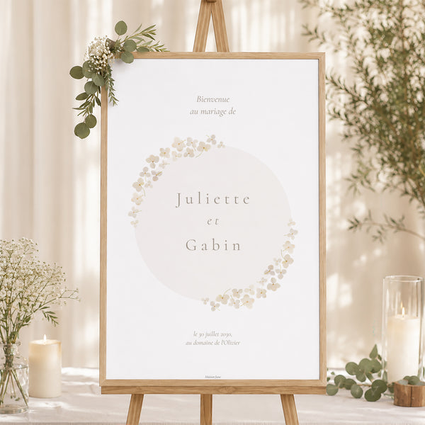Panneau bienvenue Mariage Portrait 60 x 90 cm Fleurs séchées blanches photo