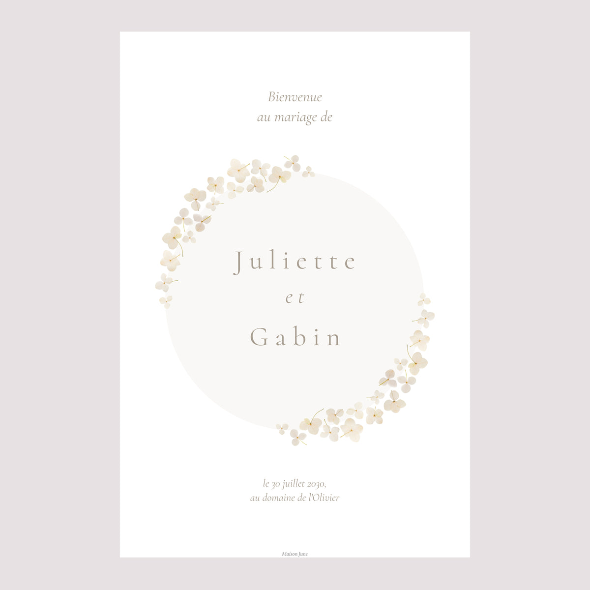 Panneau bienvenue Mariage Portrait 60 x 90 cm Fleurs séchées blanches photo N° 2