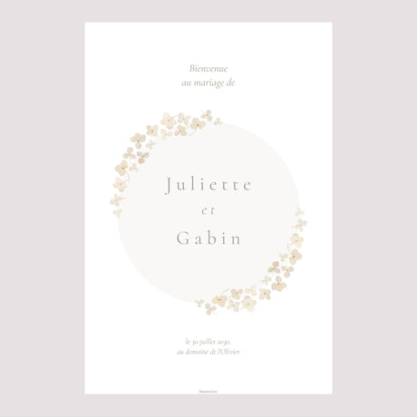 Panneau bienvenue Mariage Portrait 60 x 90 cm Fleurs séchées blanches
