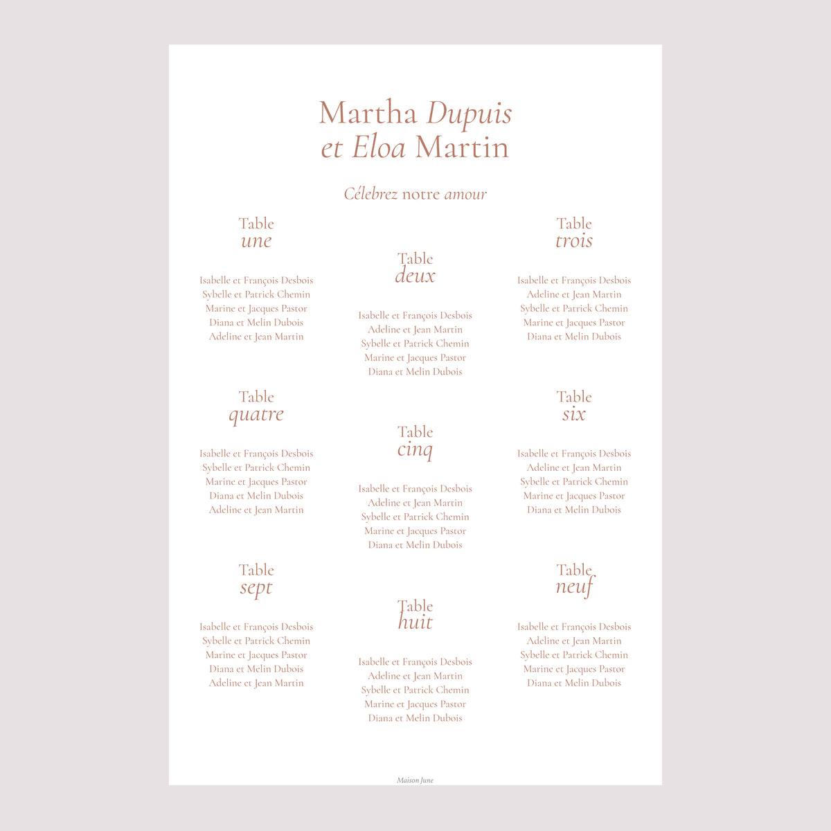 Plan de table Mariage Portrait 60 x 90 cm Typographie élégante II photo N° 2