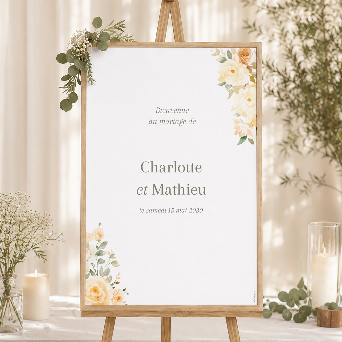 Panneau bienvenue Mariage Portrait 60 x 90 cm Trio romantique photo N° 1