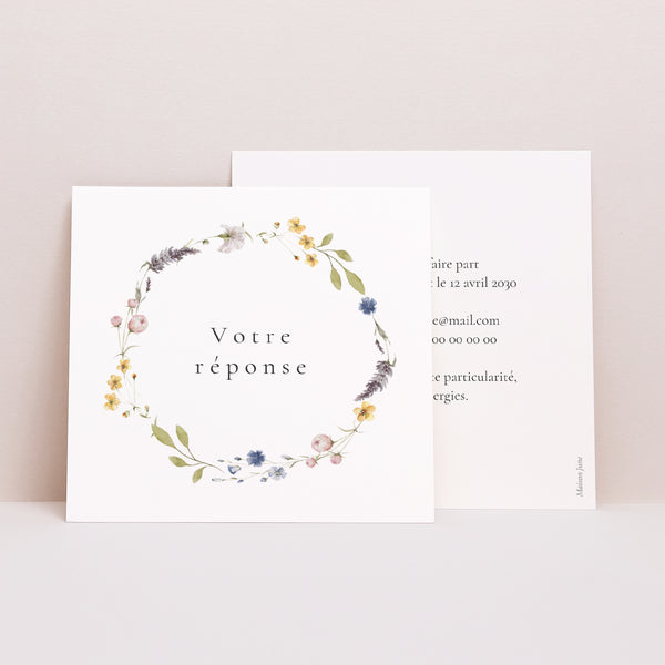 Carton réponse Mariage Carré Couronne Florale Champêtre photo
