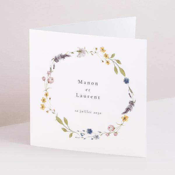 Faire-part Mariage Carré double volet Couronne Florale Champêtre photo