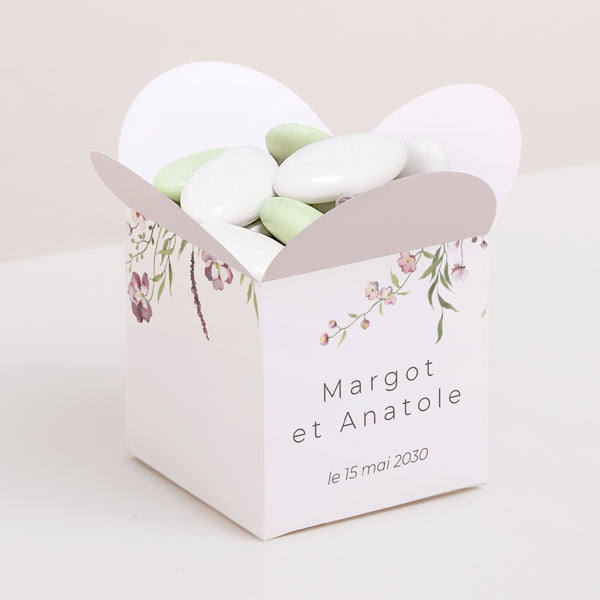 Boîte à dragées Mariage Ouverture papillon Petites fleurs mauves photo