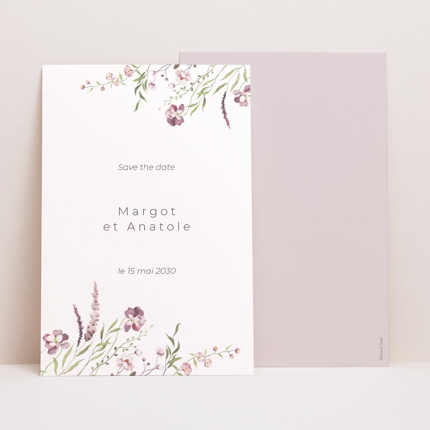 Save the date Mariage Portrait Petites fleurs mauves photo N° 1