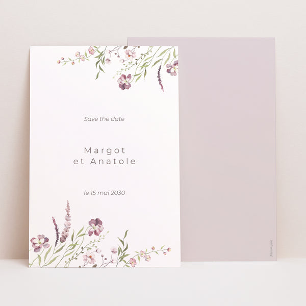 Save the date Mariage Portrait Petites fleurs mauves photo