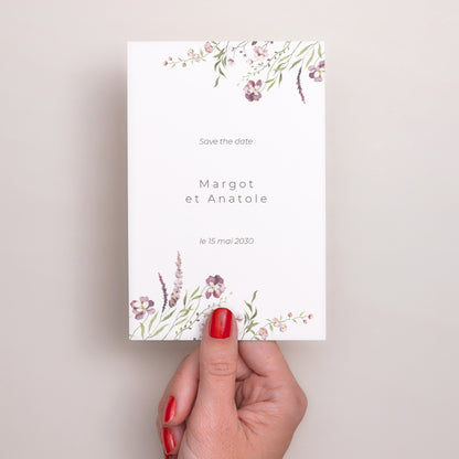 Save the date Mariage Portrait Petites fleurs mauves photo N° 2