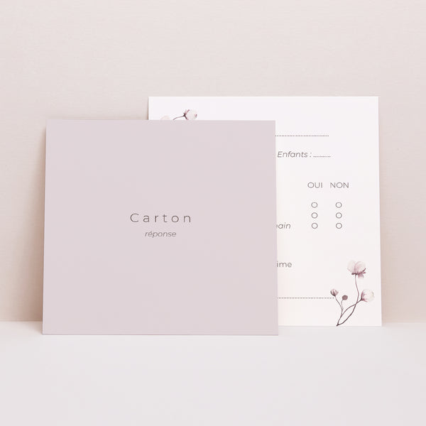 Carton réponse Mariage Carré Petites fleurs mauves photo