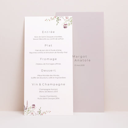 Menu Mariage Panoramique portrait Petites fleurs mauves photo N° 1