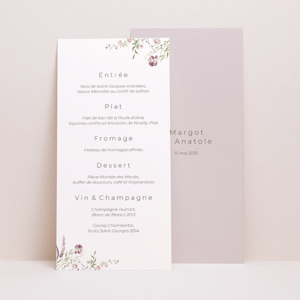 Menu Mariage Panoramique portrait Petites fleurs mauves photo