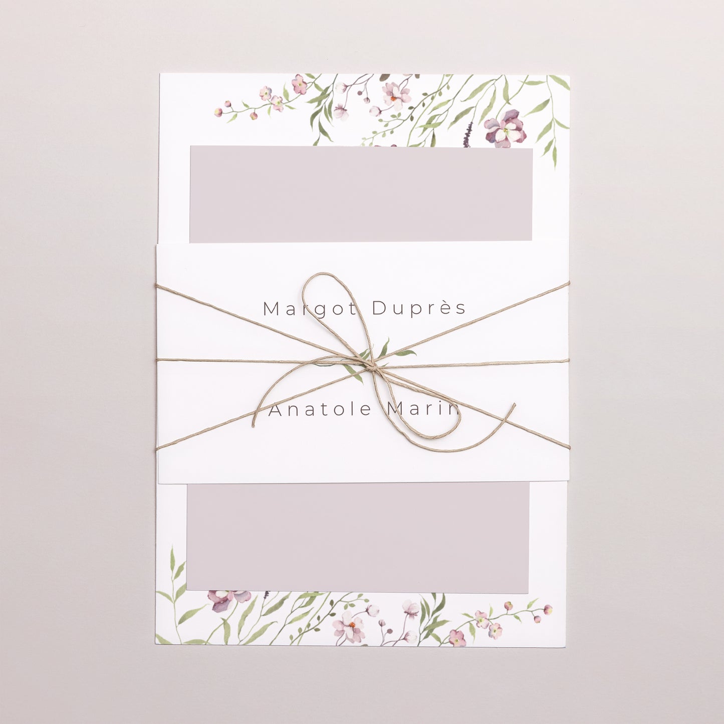 Faire-part Mariage 3 cartes, ruban Petites fleurs mauves photo N° 1