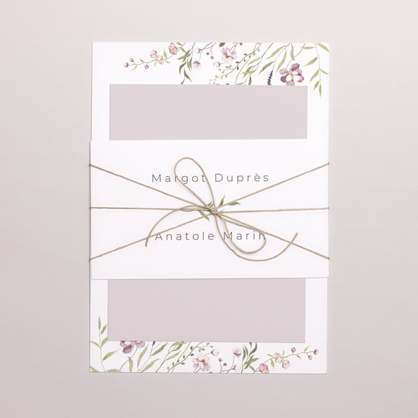 Faire-part Mariage 3 cartes, ruban Petites fleurs mauves photo