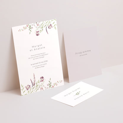 Faire-part Mariage 3 cartes, ruban Petites fleurs mauves photo N° 2