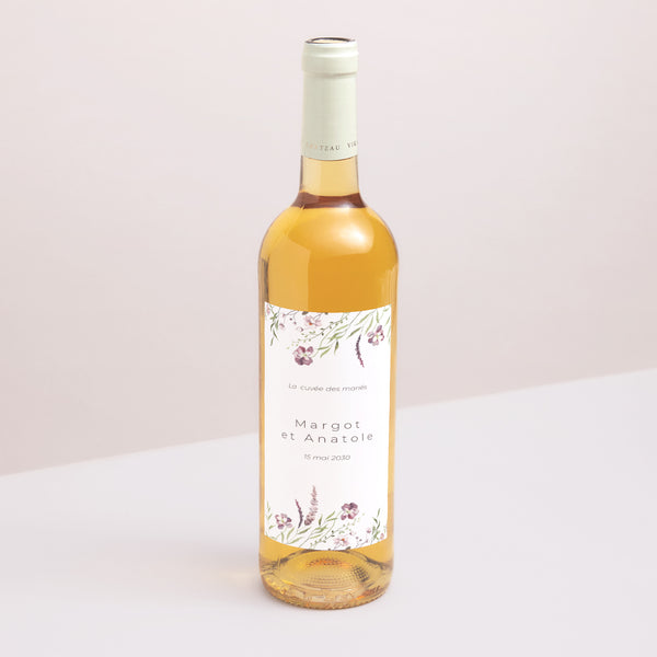 Etiquette bouteille Mariage Portrait Petites fleurs mauves photo