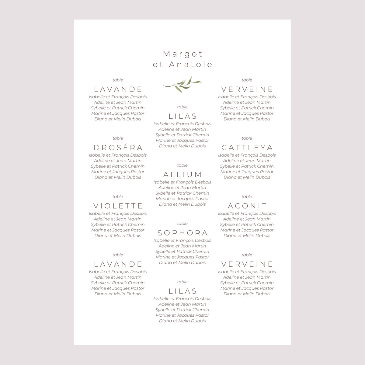 Plan de table Mariage Portrait Petites fleurs mauves photo N° 2