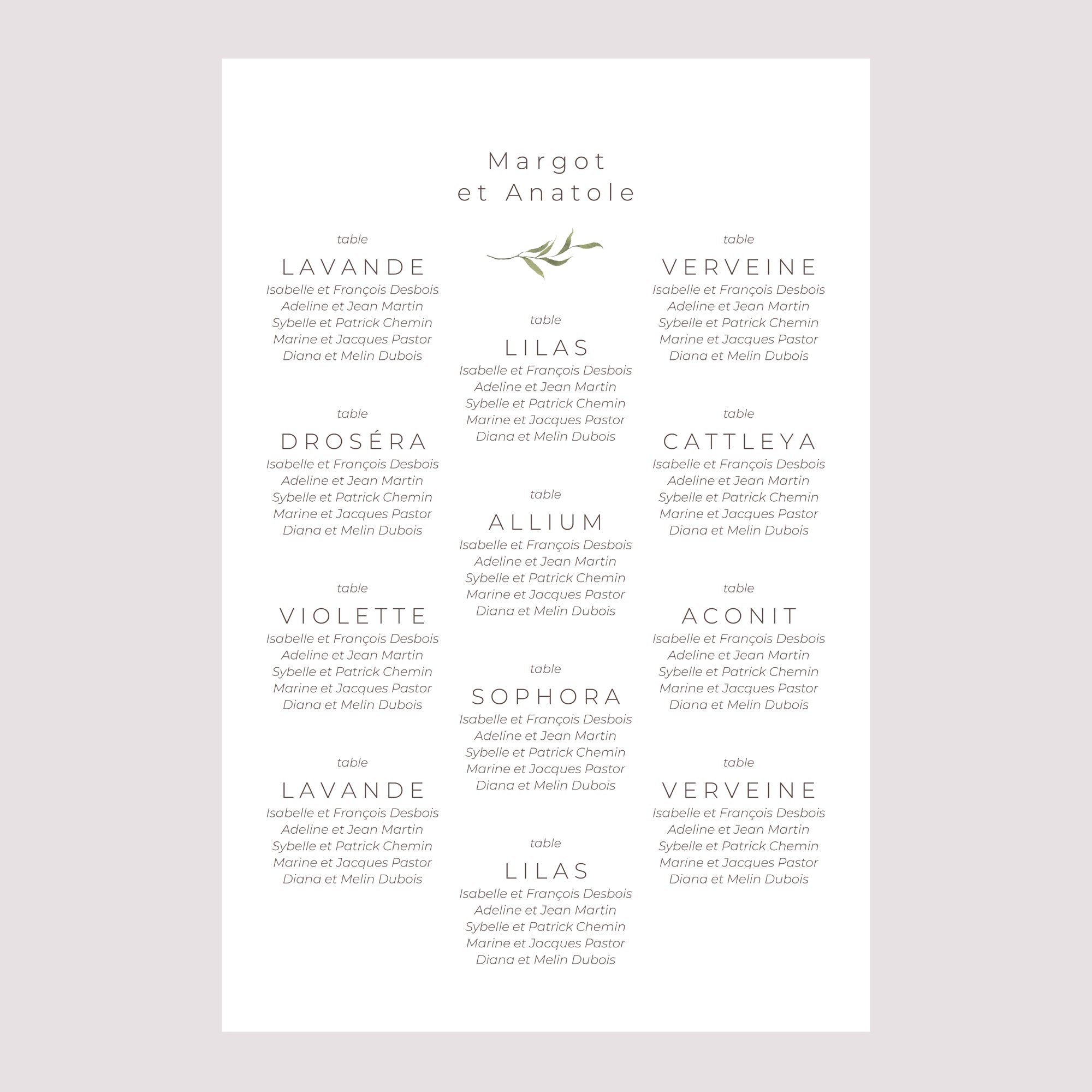 Plan de table Mariage Portrait Petites fleurs mauves photo N° 2