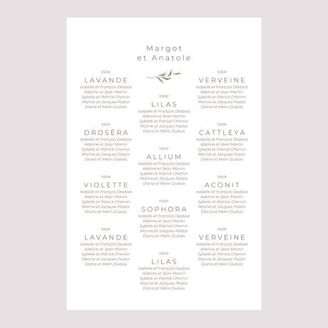 Plan de table Mariage Portrait Petites fleurs mauves